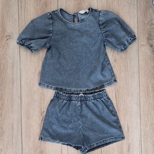 H&M Gray Denim-Look Puff Sleeve Top & Elastic Waist Shorts Set